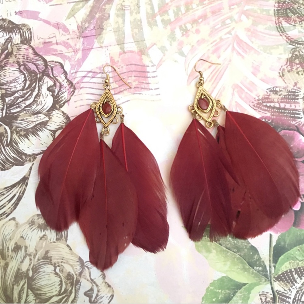 Brown and Gold Tone Dangling Feather Earrings